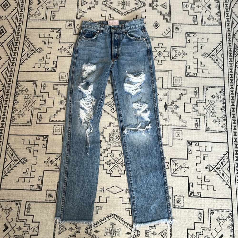 Revice‎ Denim High Rise Distressed Straight Leg Jeans Blue Size 26